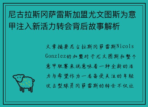 尼古拉斯冈萨雷斯加盟尤文图斯为意甲注入新活力转会背后故事解析 尼古拉斯冈萨雷斯加盟尤文图斯为意甲注入新活力转会背后故事解析